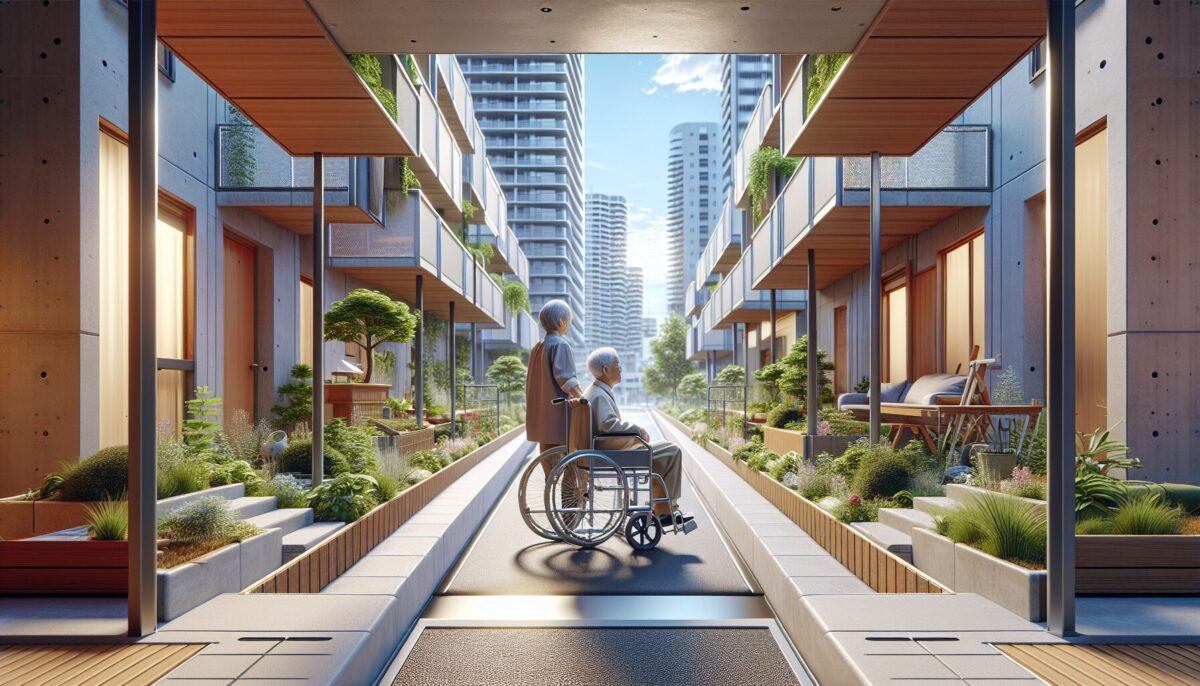 SCENE:車椅子で庭を移動する高齢者と介護者