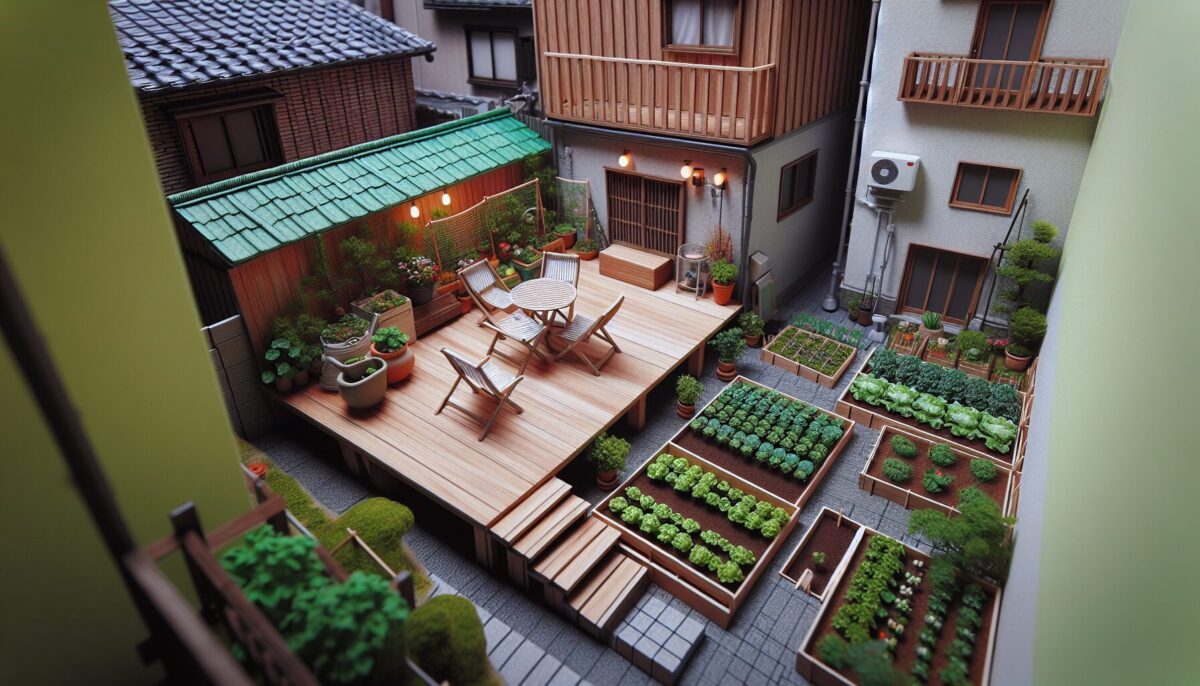SCENE:大阪の小さい庭に作られたウッドデッキとミニ菜園