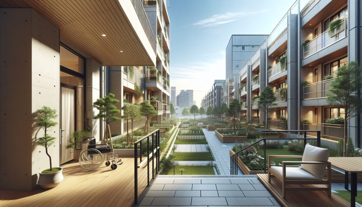 SCENE:手すり付きの緩やかなスロープがあるバリアフリーの庭