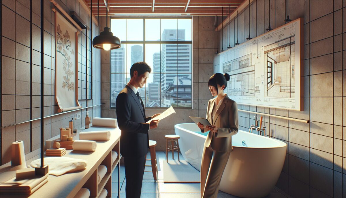 SCENE:お客様が工務店の担当者とお風呂リノベーションの打ち合わせをしている様子。タブレットでデザイン案を見ている。