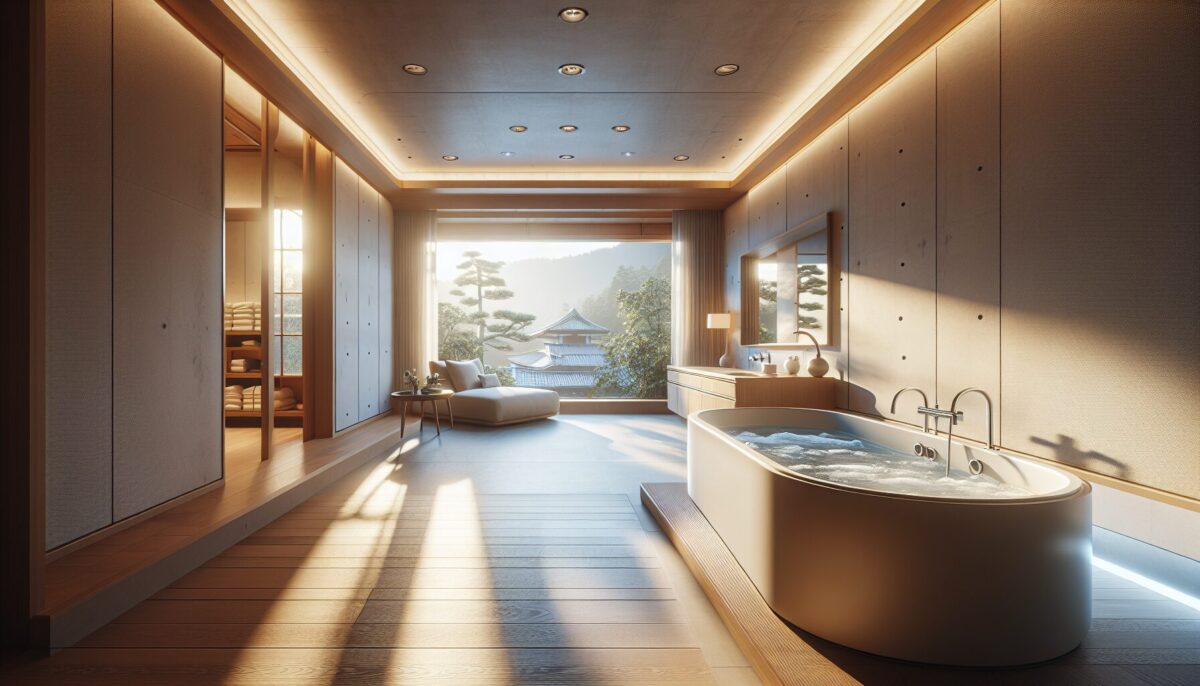 SCENE:ホテルライクな広々としたお風呂で、間接照明が心地よい空間。バスタブにはジェットバス機能が付いている。